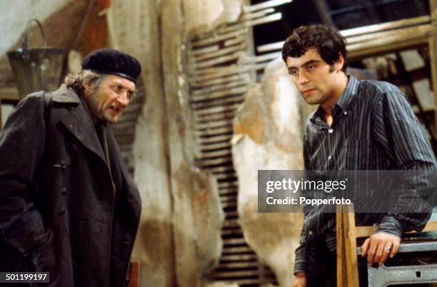 British actors Roy Dotrice and Ian McShane pictured together in a scene from the television adaptation of Harold Pinter's play 'The Caretaker' in...