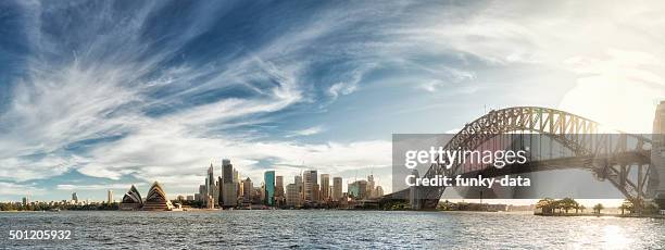 sunset over sydney panorama - sydney skyline stock pictures, royalty-free photos & images