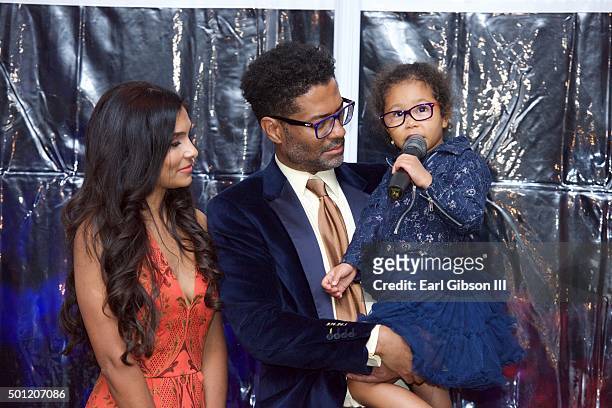 Humanitarian Manuela Testolini, Singer Eric Benet and Lucia Bella serve as host at the In A Perfect World 10 Year Celebration Of Giving on December...