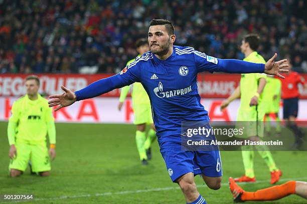Sead Kolasinac of Schalke celebrates scoring the first team goal during the Bundesliga match between FC Augsburg and FC Schalke 04 at WWK Arena on...