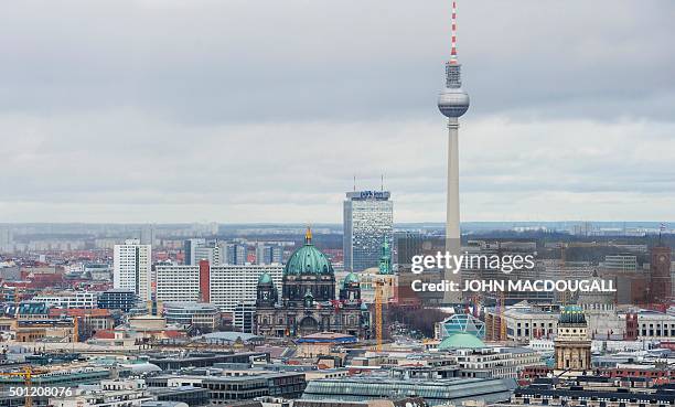 View of the Berlin skyline seen from Potsdamer Platz to Alexanderplatz, including the TV Tower, the Berlin Cathedral , the Berlin palace under...