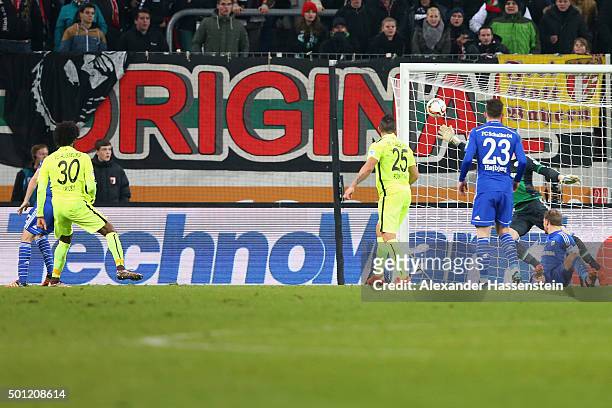 Caiuby Francisco da Silva of Augsburg scores the winning goal during the Bundesliga match between FC Augsburg and FC Schalke 04 at WWK Arena on...