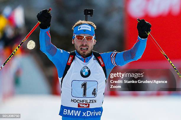 Anton Shipulin of Russia takes 1st place during the IBU Biathlon World Cup Men's and Women's Relay on December 13, 2015 in Hochfilzen, Austria.