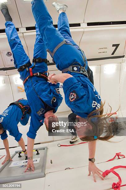 In this handout image supplied by the European Space Agency , ESA astronaut Tim Peake and EAC Instructor Gail Iles during a parabolic flight aboard...