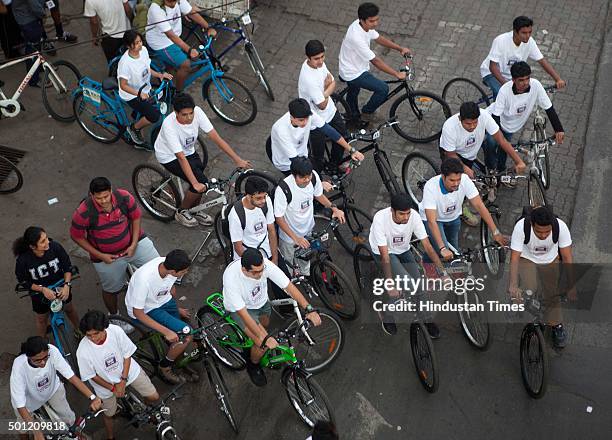 Mumbaikars participate in a cyclothon from Bandra to Goregoan during a "No TV Day" weekend fest organized by Hindustan Times, on December 12, 2015 in...