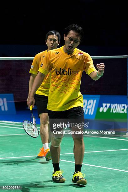 Mohammad Ahsan and Hendra Setiawan of Indonesia celebrate as they win the Final Men,s Double match against Chai Biao and Hong Wei of China during day...