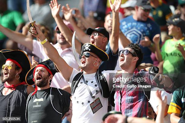 Fans dressed as pirates during day 2 of the HSBC Cape Town Sevens in the game between South Africa and France at Cape Town Stadium on December 13,...