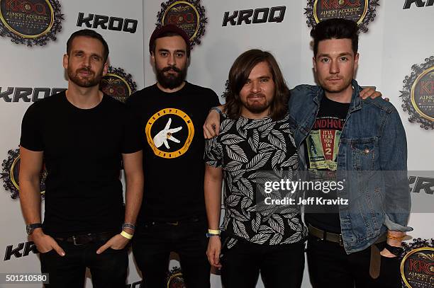 Musicians Will Farquarson, Kyle J Simmons, Chris 'Woody' Wood and Dan Smith of Bastille attend 106.7 KROQ Almost Acoustic Christmas 2015 at The Forum...