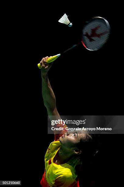 Wang Shixian of China in action in the Final Women,s Single match against Nozomi Okuhara of Japan during day five of the BWF Dubai World Superseries...