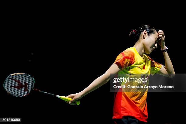 Wang Shixian of China reacts in the Final Women,s Single match against Nozomi Okuhara of Japan during day five of the BWF Dubai World Superseries...