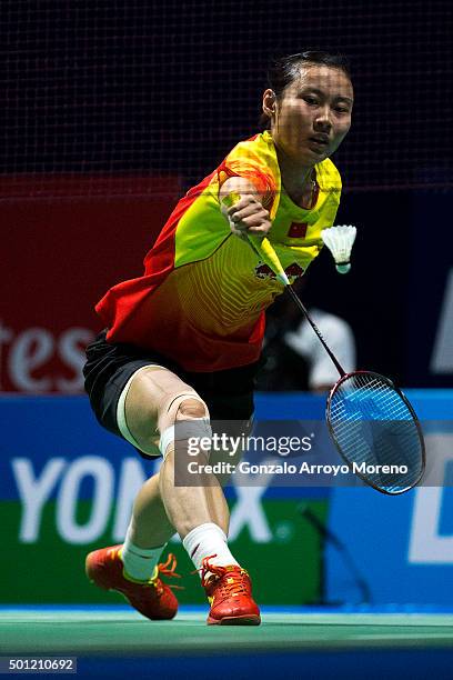 Wang Shixian of China in action in the Final Women,s Single match against Nozomi Okuhara of Japan during day five of the BWF Dubai World Superseries...