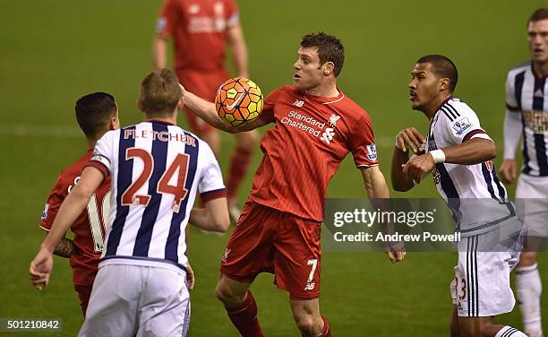 James Milner of Liverpool during the Barclays Premier League match between Liverpool and West Bromwich Albion at Anfield on December 13, 2015 in...