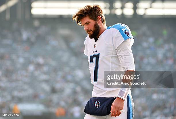 Zach Mettenberger of the Tennessee Titans warms up prior to their game against the New York Jets at MetLife Stadium on December 13, 2015 in East...