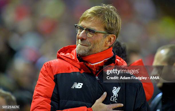 Jurgen Klopp the of Liverpool during the Barclays Premier League match between Liverpool and West Bromwich Albion at Anfield on December 13, 2015 in...