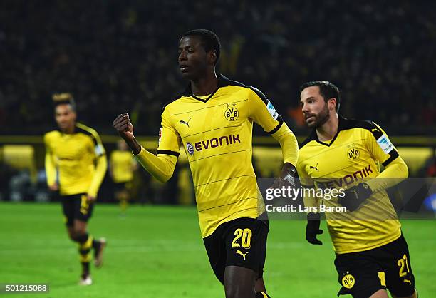 Adrian Ramos of Borussia Dortmund celebates with team mates Gonzalo Castro as he scores their fourth goal during the Bundesliga match between...