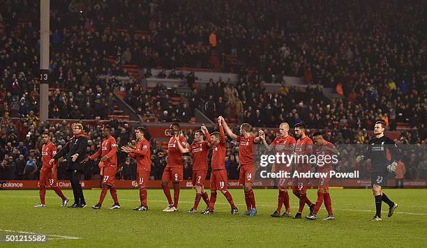 Jurgen Klopp manager of Liverpool and players celebrate at the end of the Barclays Premier League match between Liverpool and West Bromwich Albion at...