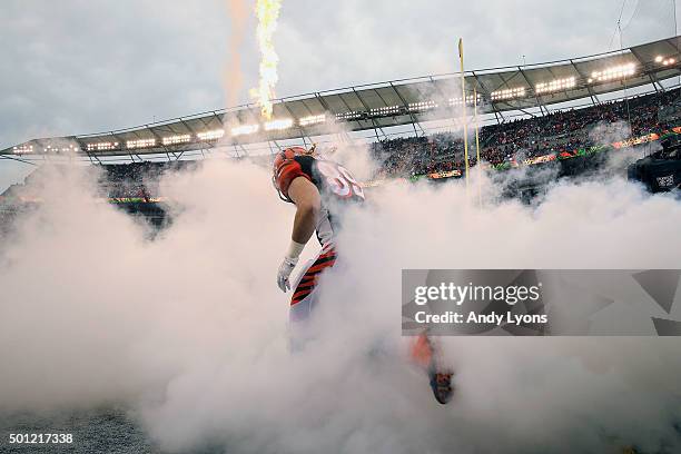 Ryan Hewitt of the Cincinnati Bengals runs on to the field while being introduced prior to the start of the game against the Pittsburgh Steelers at...