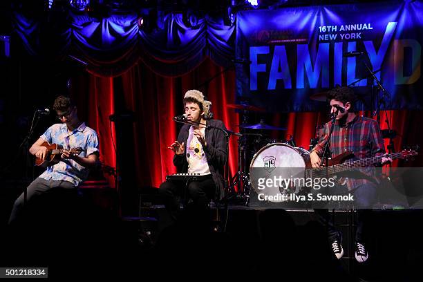 Musicians Ryan Met, Jack Met and Adam Met of AJR perform onstage at T.J. Martell Foundation's 16th Annual New York Family Day at Brooklyn Bowl on...