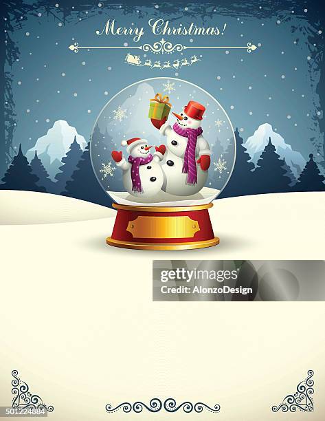 snowmen in a snow globe - christmas snow globe stock illustrations