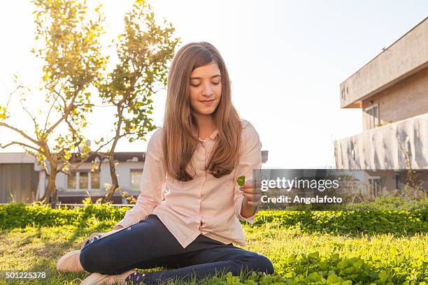 teen girl picking 4-leaf clovers. - 4 leaf clover stockfoto's en -beelden