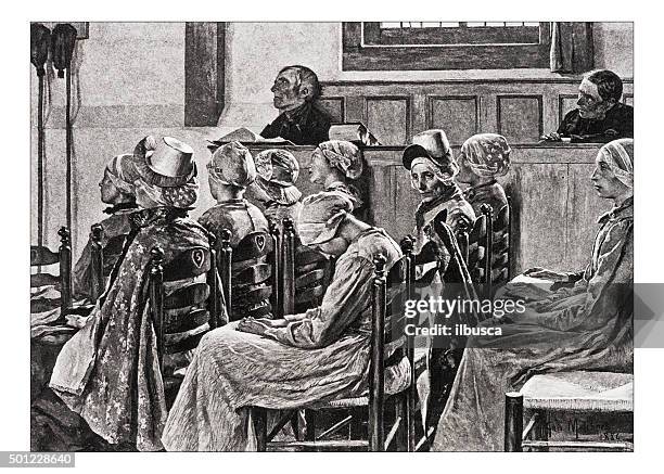 antique illustration of "le preche" by melchers - altar boy stock illustrations