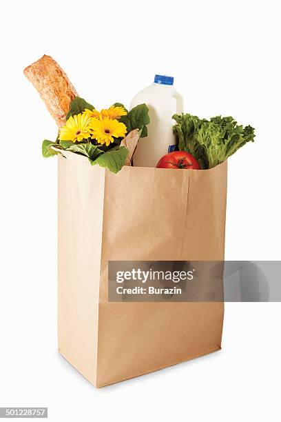 bag of groceries - groceries isolated stock-fotos und bilder