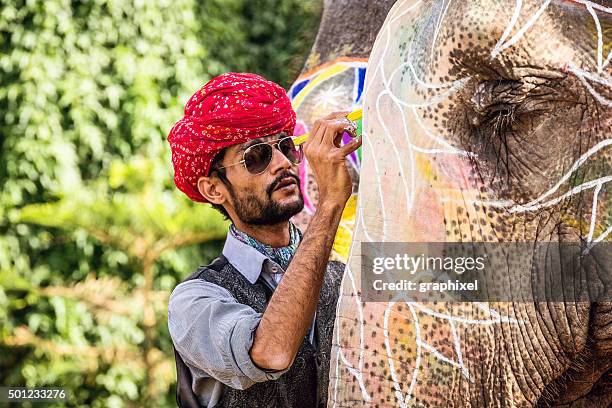 uomo disegno di elefante indiano - indian animals foto e immagini stock