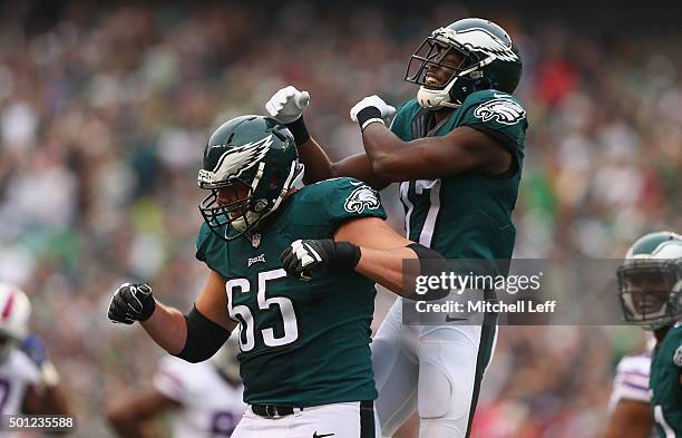 Nelson Agholor of the Philadelphia Eagles celebrates his touchdown with Jason Kelce against the Buffalo Bills during the second quarter at Lincoln...