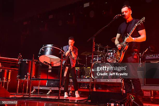 Musicians Dan Smith and Will Farquarson of Bastille perform onstage during 106.7 KROQ Almost Acoustic Christmas 2015 at The Forum on December 12,...