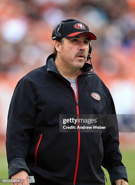 Head coach Jim Tomsula of the San Francisco 49ers on the sidelines during the second quarter against the Cleveland Browns at FirstEnergy Stadium on...