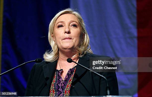 French far-right Front National party's President Marine Le Pen candidate for the regional election in the Nord-Pas-de-Calais-Picardie region makes a...