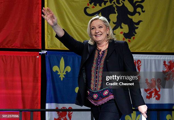 French far-right Front National party's President Marine Le Pen candidate for the regional election in the Nord-Pas-de-Calais-Picardie region arrives...