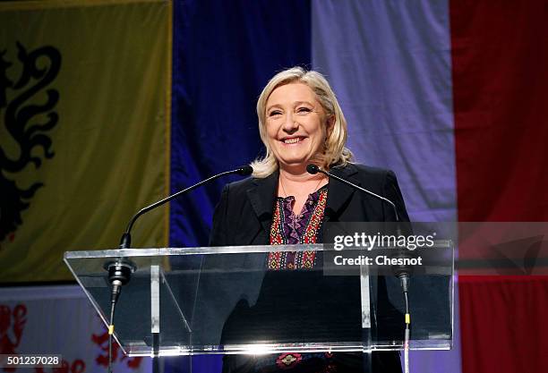 French far-right Front National party's President Marine Le Pen candidate for the regional election in the Nord-Pas-de-Calais-Picardie region makes a...