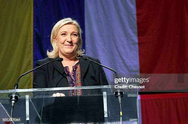 French far-right Front National party's President Marine Le Pen candidate for the regional election in the Nord-Pas-de-Calais-Picardie region makes a...