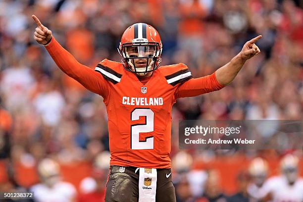 Quarterback Johnny Manziel of the Cleveland Browns celebrates after a touchdown during the fourth quarter against the San Francisco 49ers at...