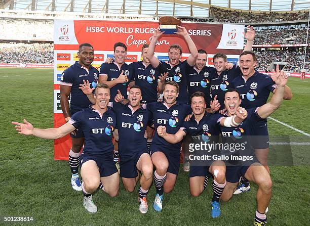 Scotland celebrates winning the Bowl final during day 2 of the HSBC Cape Town Sevens at Cape Town Stadium on December 13, 2015 in Cape Town, South...