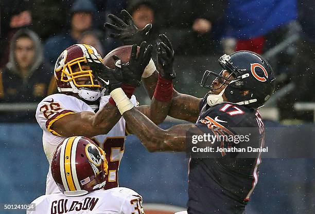 Bashaud Breeland of the Washington Redskins breaks up a pass intended for Alshon Jeffery of the Chicago Bears at Soldier Field on December 13, 2015...