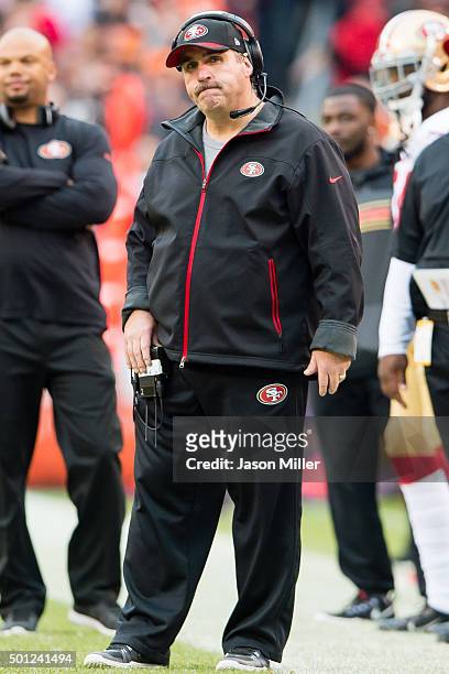 Head coach Jim Tomsula of the San Francisco 49ers reacts during the second half against the Cleveland Browns at FirstEnergy Stadium on December 13,...