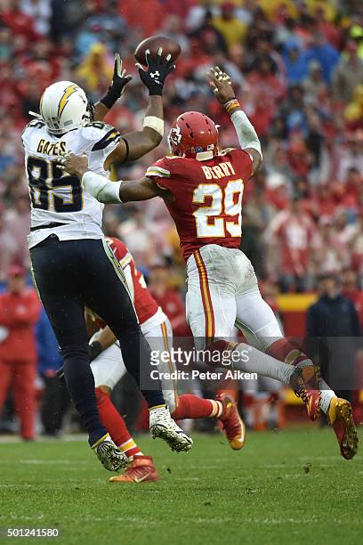 Ladarius Green of the San Diego Chargers catches a pass over Eric Berry of the Kansas City Chiefs at Arrowhead Stadium during the fourth quarter of...