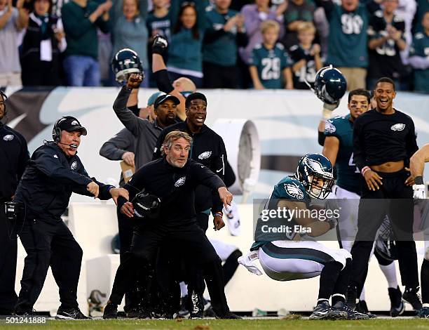 Ed Reynolds of the Philadelphia Eagles picks off a pass intended for Robert Woods of the Buffalo Bills in the final minute of the game at Lincoln...