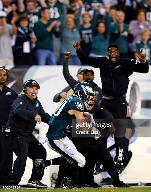 Ed Reynolds of the Philadelphia Eagles picks off a pass intended for Robert Woods of the Buffalo Bills in the final minute of the game at Lincoln...