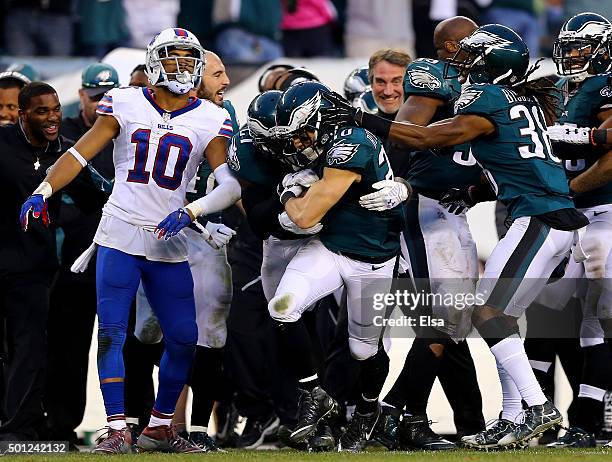 Ed Reynolds of the Philadelphia Eagles is congratulated by teammates after he picked off a pass intended for Robert Woods of the Buffalo Bills in the...