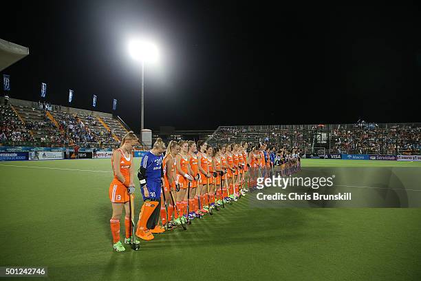 The Netherlands and Argentina line up for the national anthems ahead of their match on Day 6 of the Hockey World League Final Rosario 2015 at El...