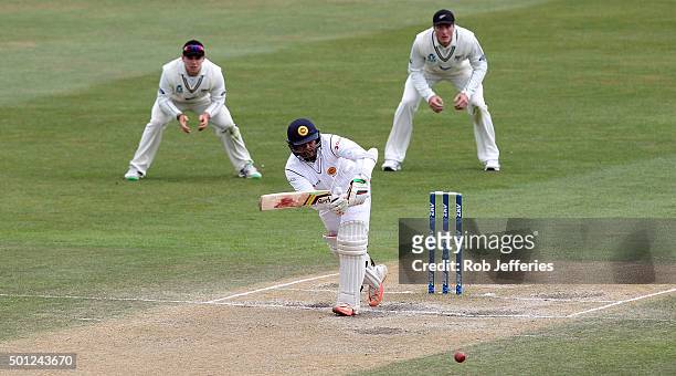 Dinesh Chandimal of Sri Lanka plays through the onside during day five of the First Test match between New Zealand and Sri Lanka at University Oval...