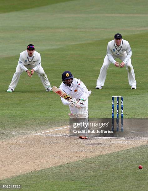 Dinesh Chandimal of Sri Lanka plays through the onside during day five of the First Test match between New Zealand and Sri Lanka at University Oval...