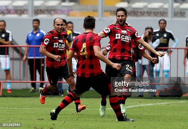 Eduardo Uribe of FBC Melgar celebrates after scoring the first goal of his team against Sporting Cristal during a first leg final match between...