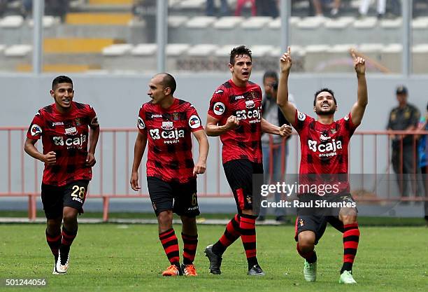 Eduardo Uribe of FBC Melgar celebrates after scoring the first goal of his team against Sporting Cristal during a first leg final match between...
