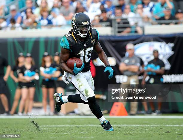 Denard Robinson of the Jacksonville Jaguars runs for yardage during the game against the Indianapolis Colts at EverBank Field on December 13, 2015 in...