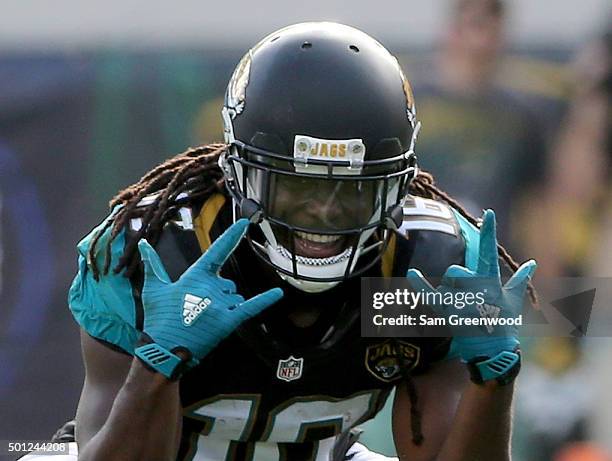 Denard Robinson of the Jacksonville Jaguars smiles after a reception and first down during the game against the Indianapolis Colts at EverBank Field...