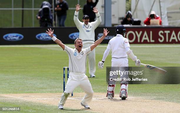 Neil Wagner of New Zealand appeals for an LBW decision during day five of the First Test match between New Zealand and Sri Lanka at University Oval...